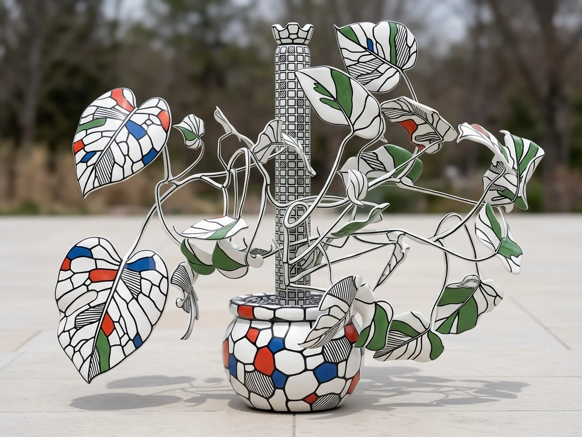 White resin sculpture of a Monstera in a round belly pot, every surface divided into black-outlined cells with red and blue fills, on a sunlit plaza.