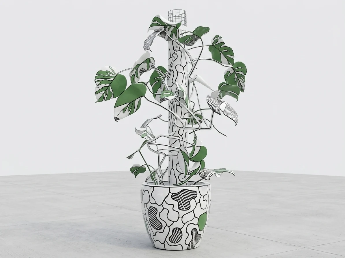 White sculpture of a Monstera with flat green leaves and a planter covered in irregular amoeboid black-outlined cells.