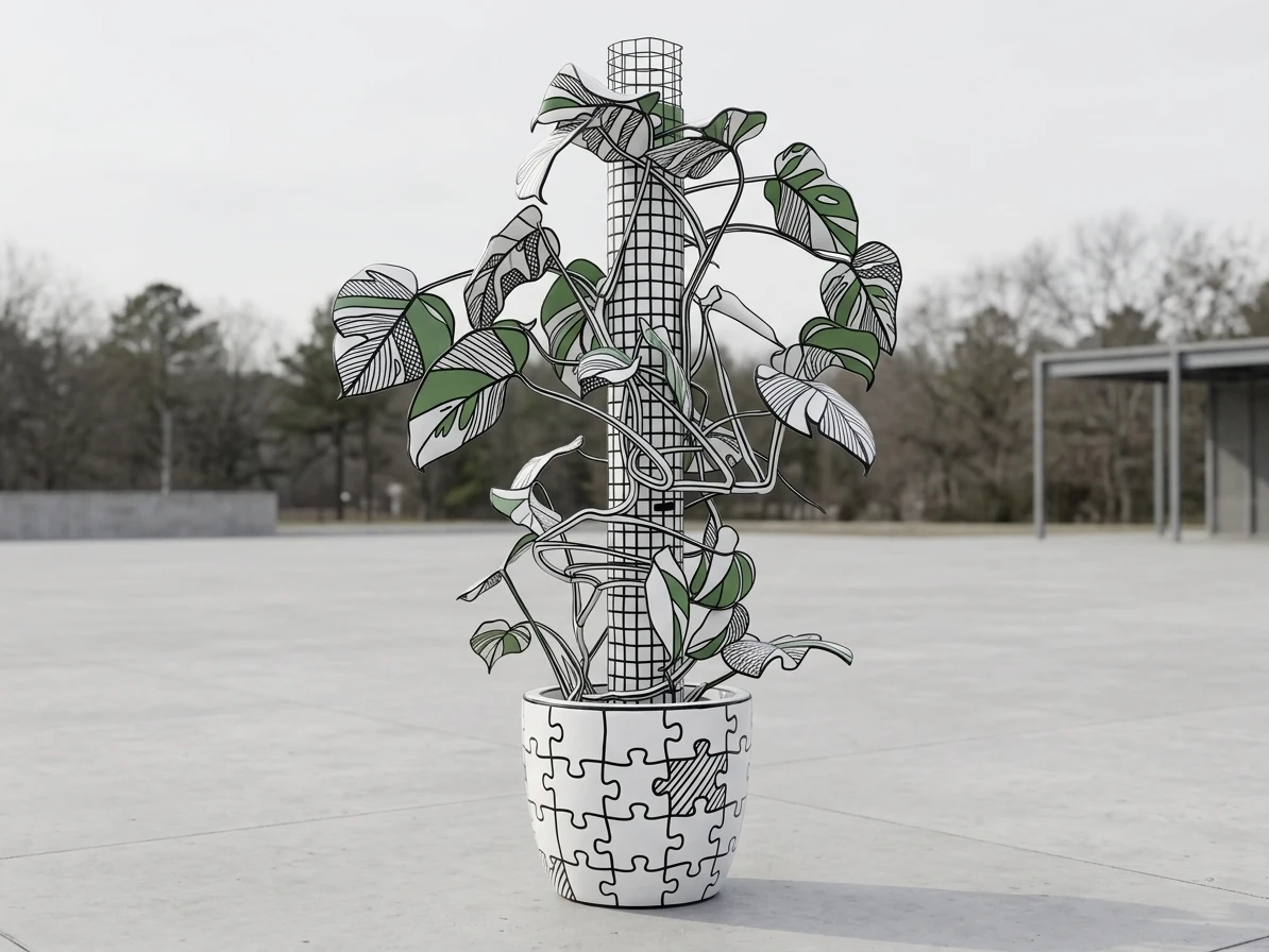Tall white sculpture of a Monstera on a gridded pole with green-and-white leaves and a planter patterned like interlocking puzzle pieces.