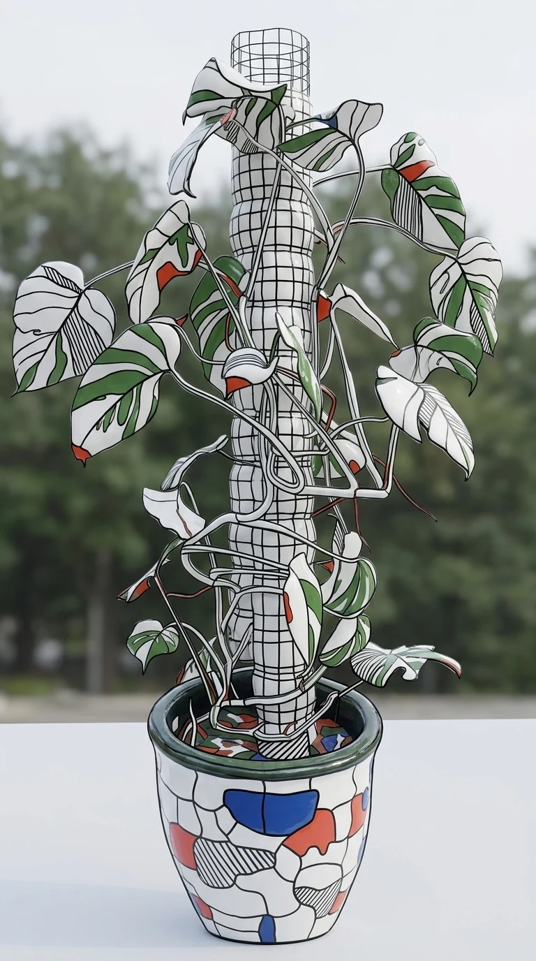 White resin sculpture of a Monstera on a moss pole, surfaces divided into black-outlined cells with red, blue and green accents, standing outdoors.